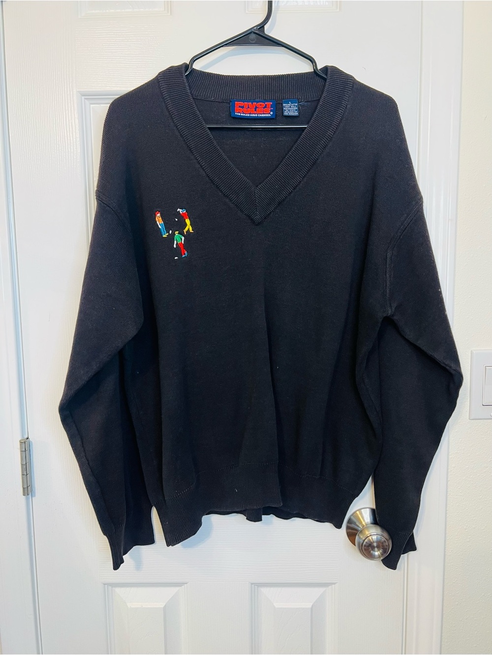 Men's Black V-Neck Sweater with Small Multicolor Embroidery